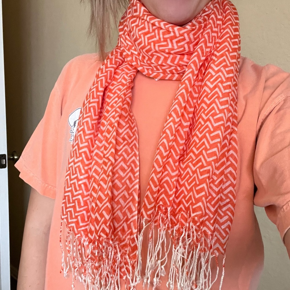 Orange & White Printed Fringe Light Weight Scarf